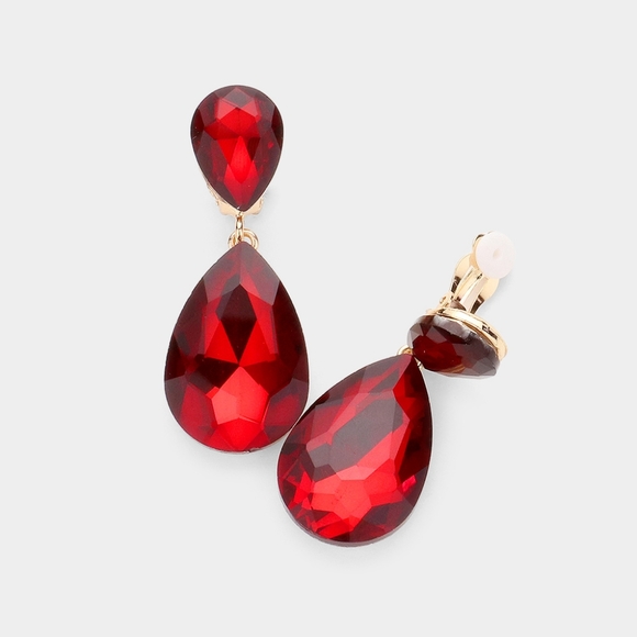 iFashionBox Jewelry - Red Dangle Crystal Clip On Earrings 2 Inches Double Tear Drop ClipOns Jewelry